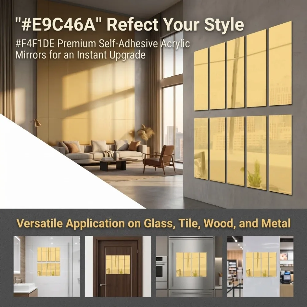 10pcs Acrylic Acrylic Wall Sticker Rectangle 1.96 X 11.02in Mirror Wall Decal Golden, Silver Self-adhesive