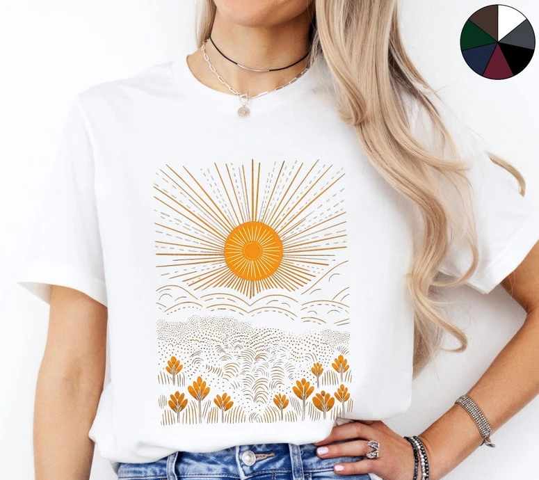 

Футболка Sun Shirt Lino Cut Nature Графическая футболка Cottagecore Одежда Boho Celestial Summer Harajuku Новый стиль Футболка с принтом Топы