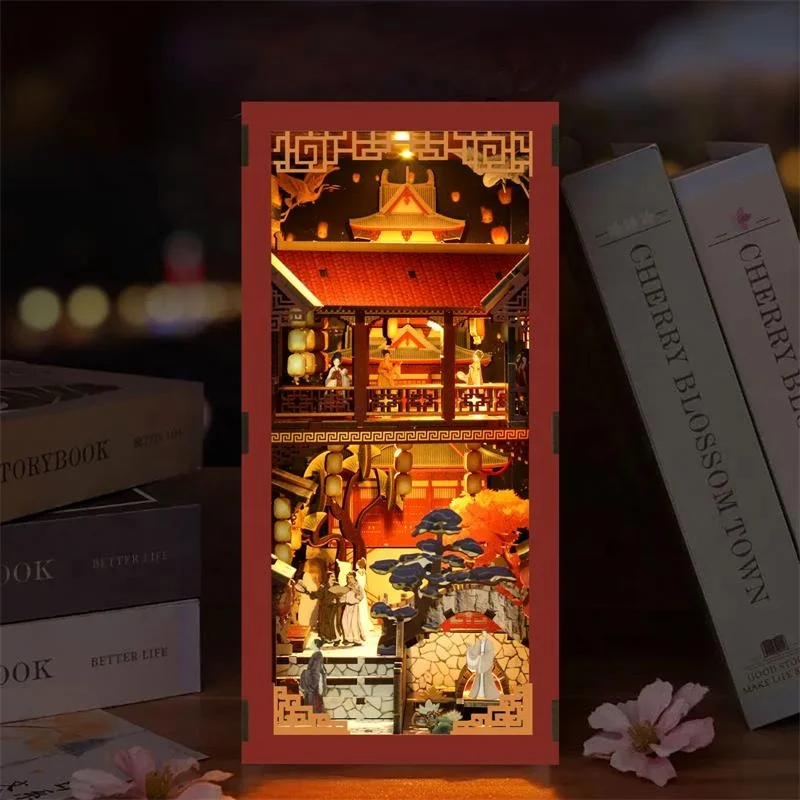 

DIY Wooden Book Nook Shelf Insert Kit Dream of the Tang Dynasty Bookend Miniature Model Kits Bookshelf for Friends Birthday Gift