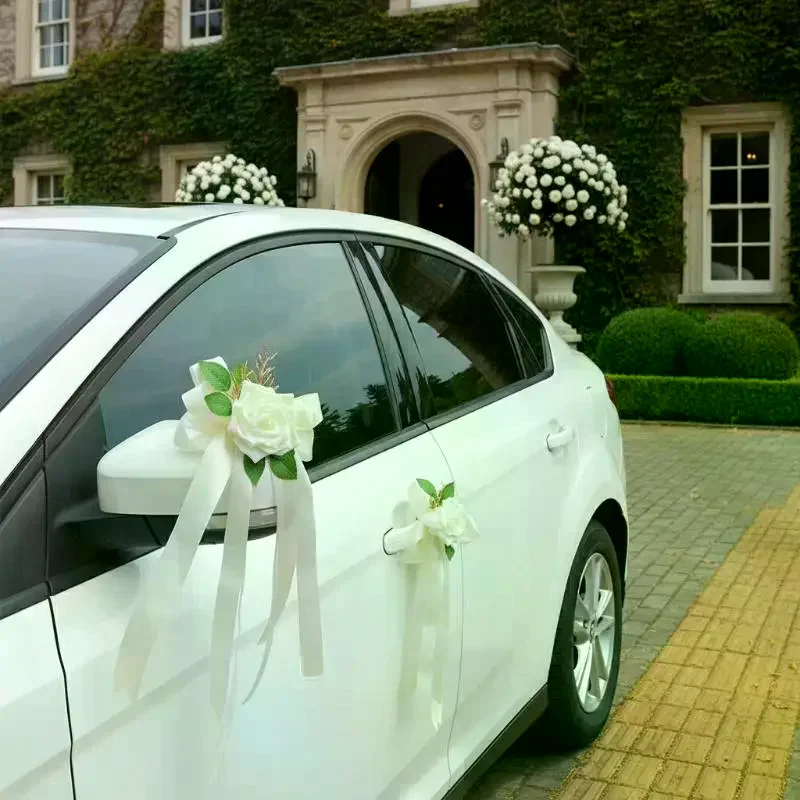 1Pcs Wedding Car Rearview Mirror Decoration Flower Retro Bow Door Handle Decoration Simulation Flower Automotive Supplies