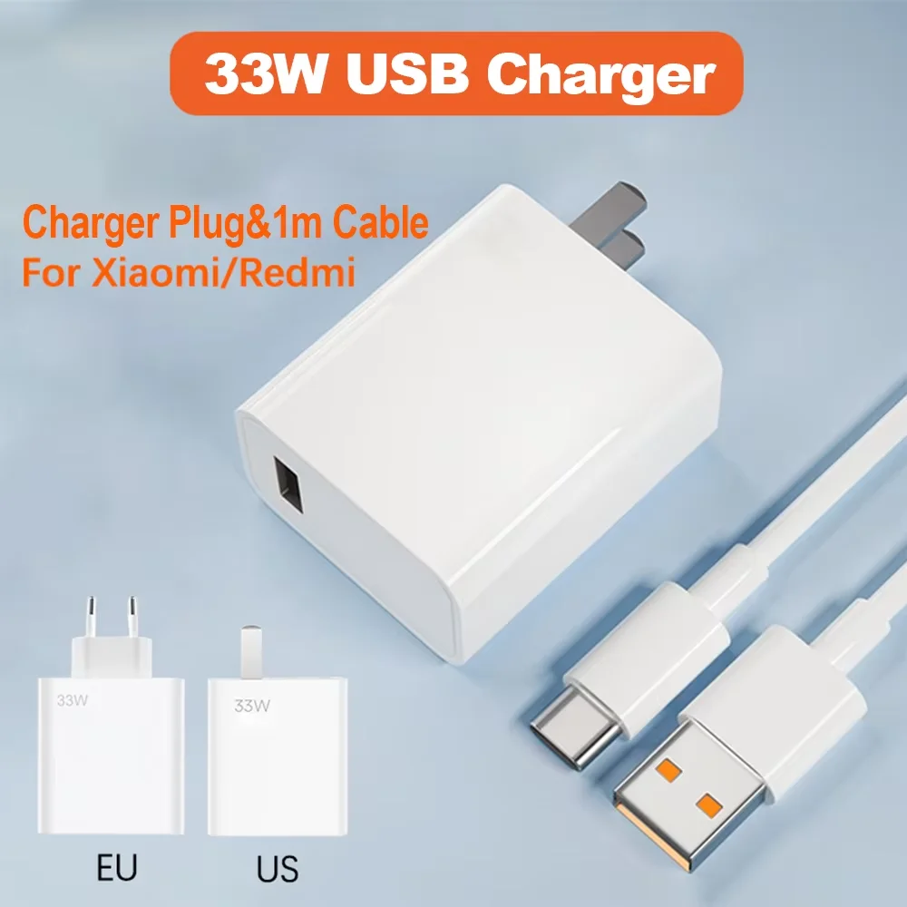 33W USB Fast Charger with 6A USB C Cable QC 3.0 Adapter Wall EU US Plug for iPhone Xiaomi 14 13 Redmi Samsung iPhone Oneplus