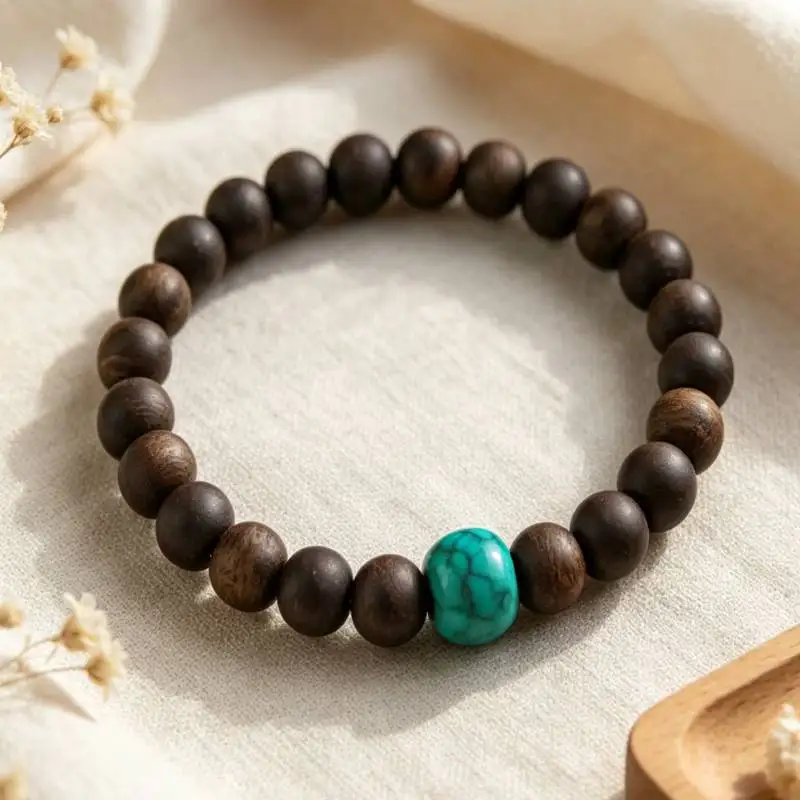 Handmade natural Turquoise bead bracelet, agarwood men's cuff button bracelet, Ramadan prayer bead bracelet, women's meditation