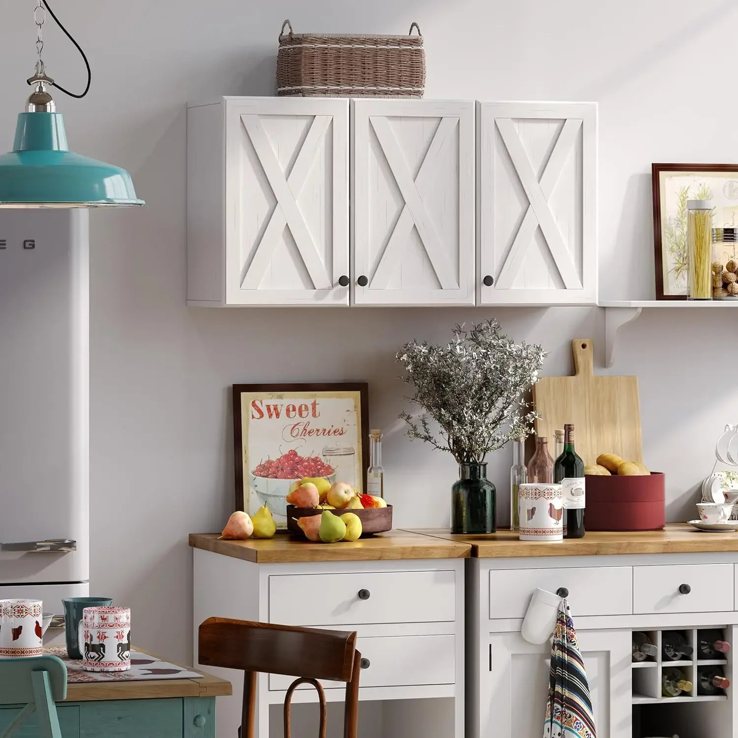 Wall Storage Cabinets - Farmhouse Kitchen Laundry White Wall Mounted Cabinets with 3 Doors and Shelves, 36inch Wide