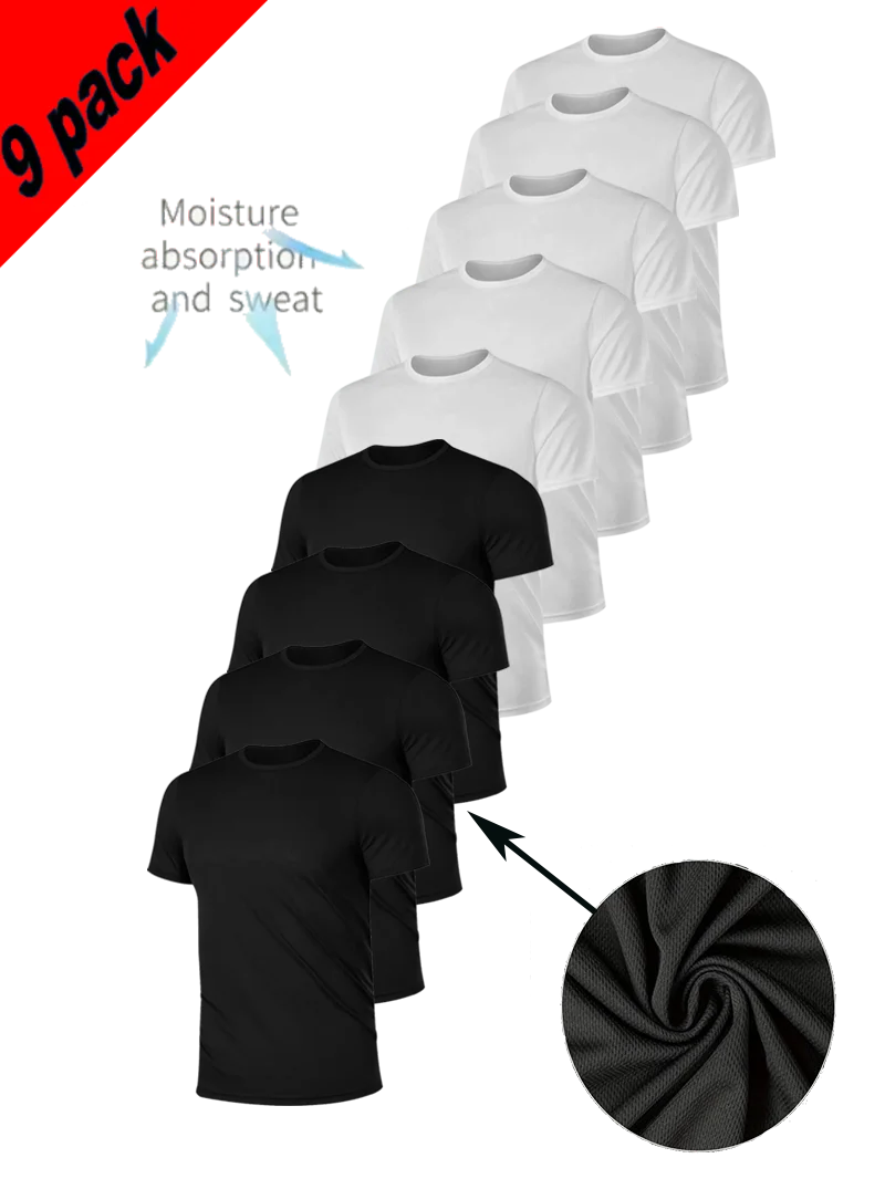 

Men's 9-Piece Solid White and Black Round Neck Breathable Moisture Wicking Casual Wear for Layering or Outerwear Gym Workout Spo