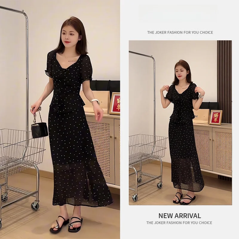 

Summer Atmosphere Dot Bubble Sleeve Set Dress Women's Style Slim Fit Half Length Skirt Two-Piece Suit Casual Fashion