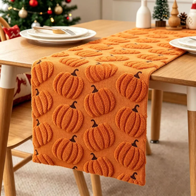 Fall Thanksgiving Table Runner 3D Embroidered Pumpkin Decor Set Farmhouse Style Table Runner & Placemat Autumn Restaurant Home T