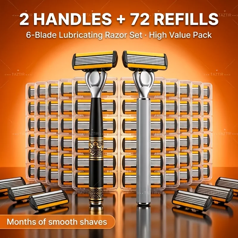 

[2+72] Luxury shaver set, equipped with a six layer blade system, including 2 handles and 72 replacement blades. The ergonomic handle design and precision craftsmanship make it the perfect gift for Christmas, Valentine's Day, and other festivals