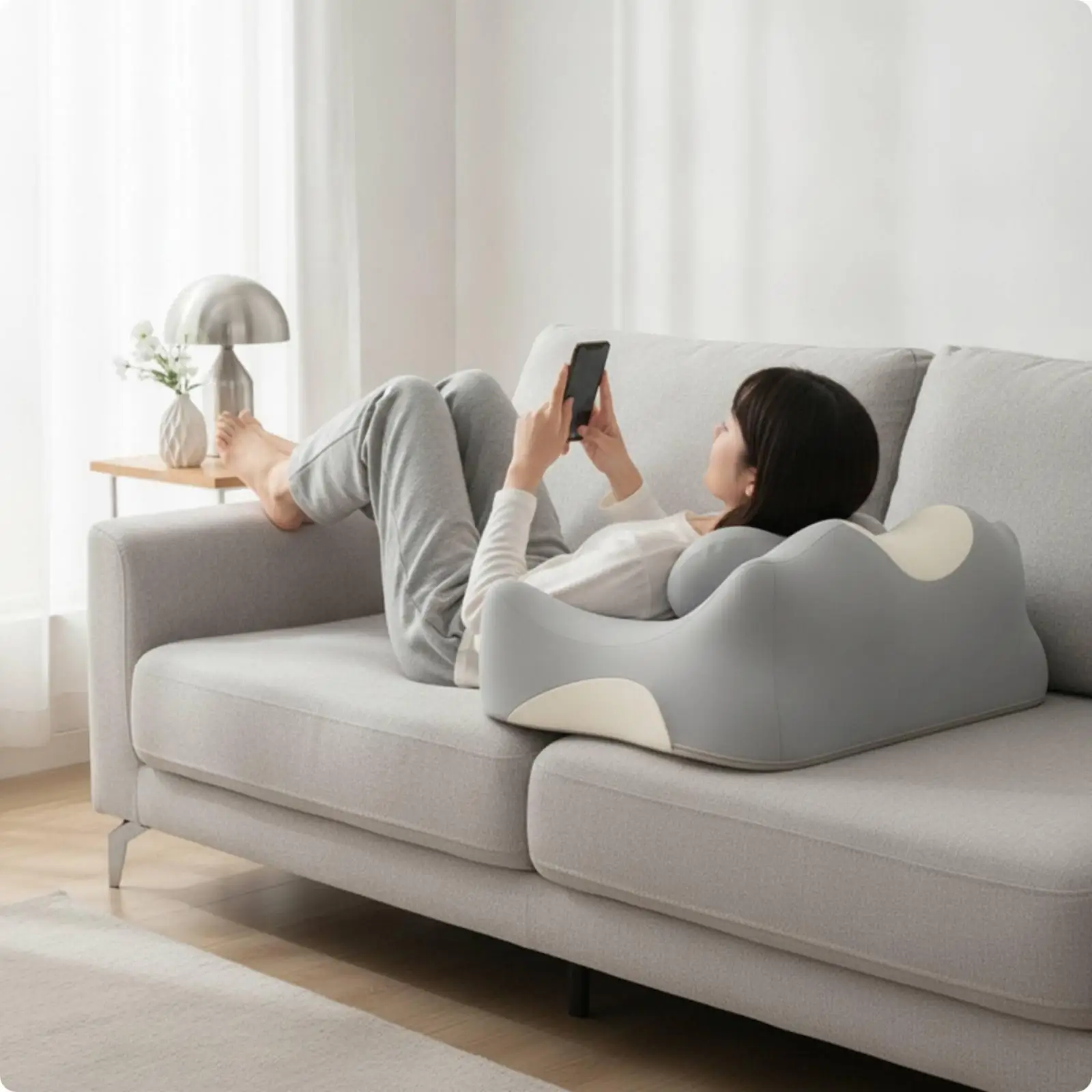 Memory Foam Neck Support Pillow for Reading and Lounging with Curved Backrest and Non Slip Base for Bed Use