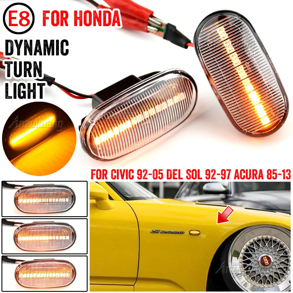 2Pcs For Honda Accord Civic Fit CR-V Stream Odyssey Integra Smoked Lens LED Side Marker Lamp Dynamic Amber Turn Signal Light