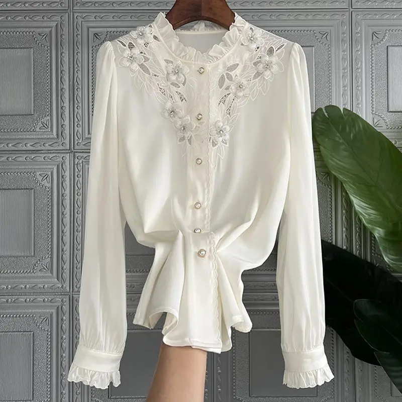 2024 Autumn New Women\'s Ruffled Neck Embroidery Hollow Out Blouse Button Fashion Loose Unique Niche Design Long Sleeve Shirt