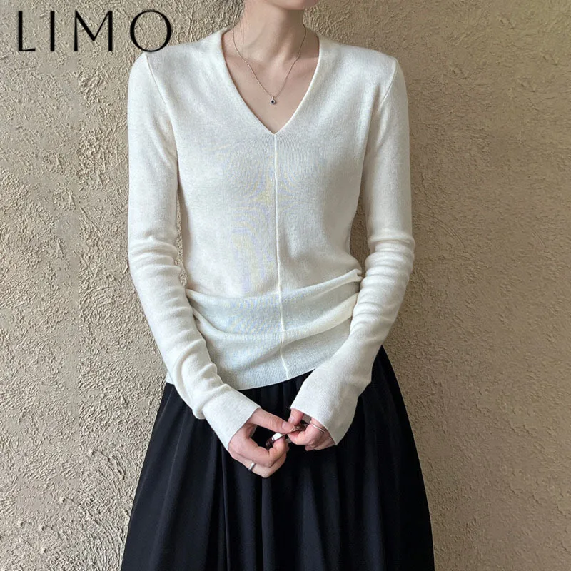 

LIMO Women’s Solid Color Knit Sweater Pullover Long Sleeve V-Neck Casual Elegant Premium Autumn 2025 Winter Base Layer Tops