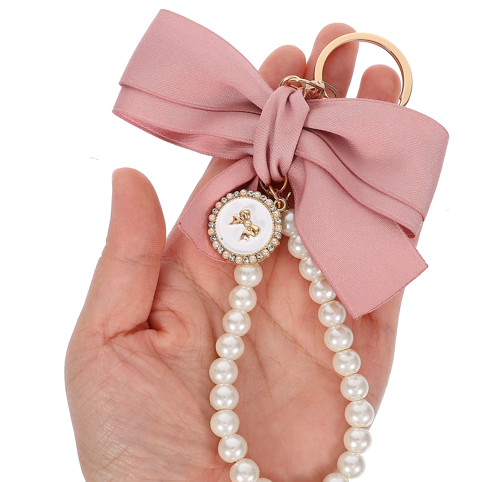 2 pezzi portachiavi con fiocco di perle piccole catene carine per portachiavi per auto borsa zaino ciondolo portafoglio perle simulate poliestere zinco