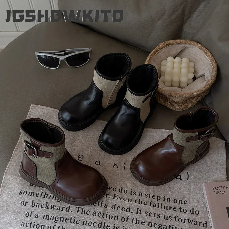 JGSHOWKITO Kids Leather Boots Korean Style Versatile Girls Short Boots Round Toes 2026 Brand New Children Princess Boots Soft