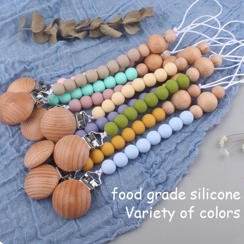 Baby Silicone Beads Pacifier Chain Beech Wooden Clip Newborn Nipple Clip