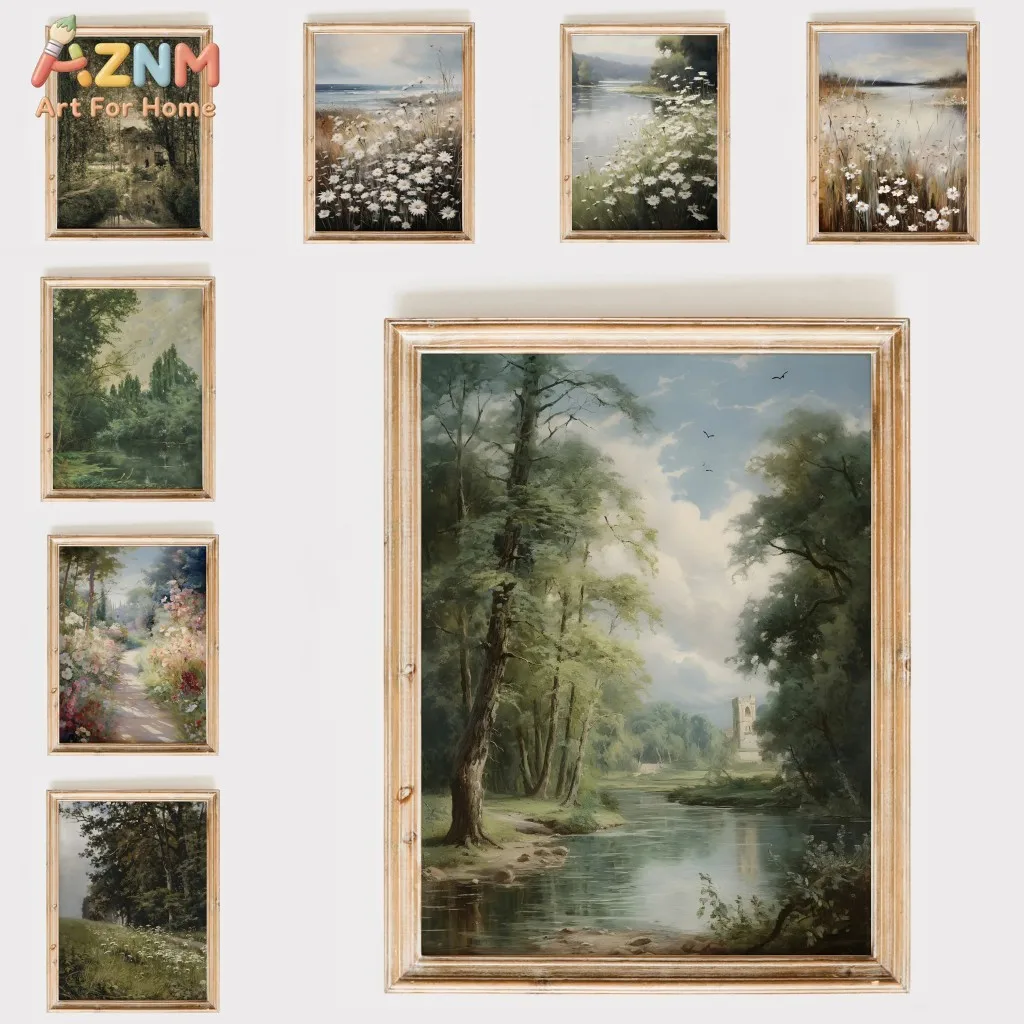 AZNM Vintage Country Landscape Canvas Wall Art Forest River Wildflower Scenery Oil Painting Style Unframed Print For Cottage Far