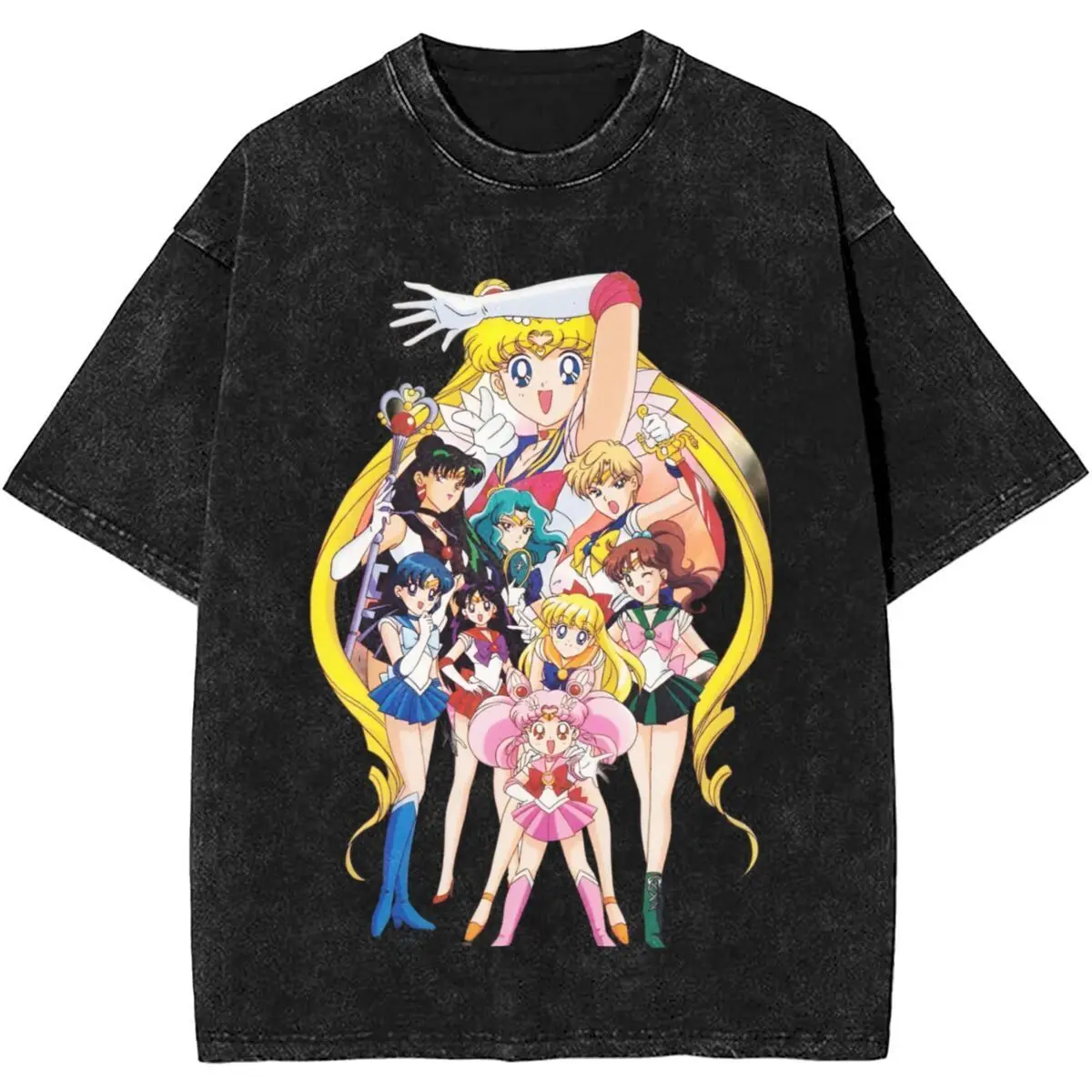 

Sailor Moon All Sailor Guardians Acid Wash Oversized Cotton T Shirt 2026 Summer Anime Classic Graphic Tee for Men Women