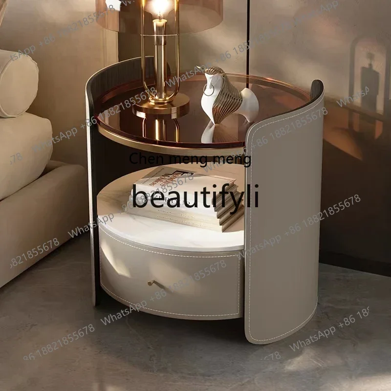 

N178 G Simple modern bedside table, saddle leather round household liht luxury hih-end solid wood bedside cabinet