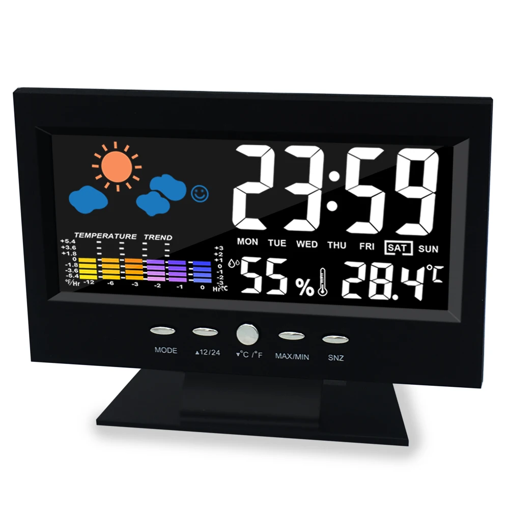 Digital Colorful Backlight Snooze Alarm Clock Weather Forecast Station Alarm Clock with Date/Temperature/Humidity/Snooze Display