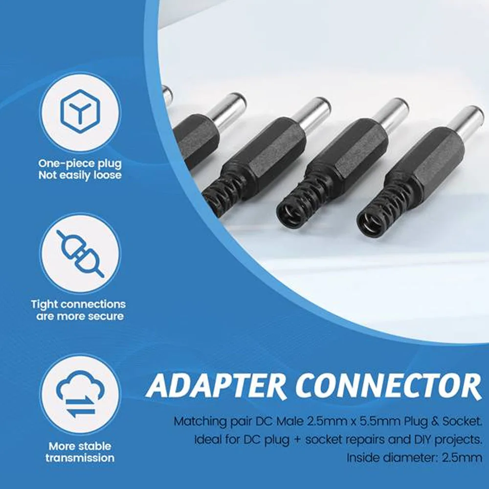 Masculino DC Power Plug Socket, Adaptador Jack, Conector do Adaptador, 5.5mm X 2.5mm, 5Pcs