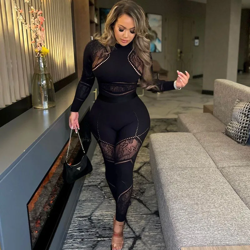 Sexy See Though Mesh Jumpsuit Woman Nightclub Party Patchwork Skinny Long Sleeve Bodycon Rompers and Jumpsuits Combinaison