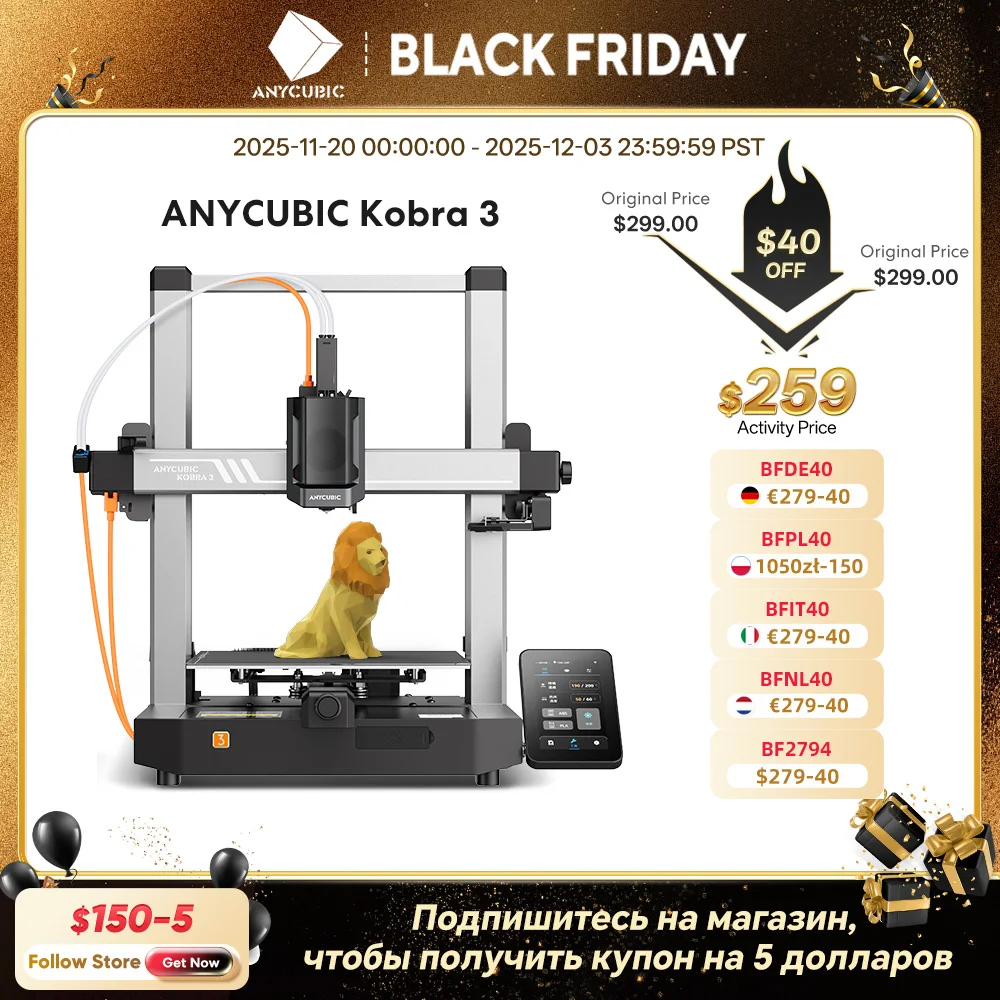 

ANYCUBIC Kobra 3 AE Version FDM Multi-Color 3D Printer 4 to 8 Color Max 600mm/s Printing Speed Build Size 250mmx250mmx260mm