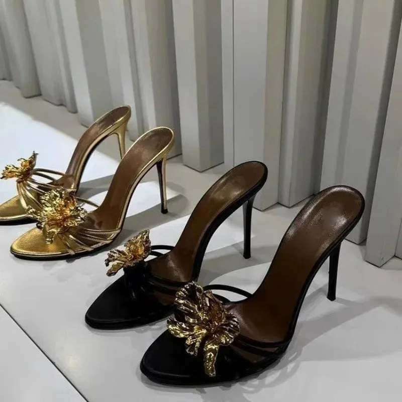 

Summer Metal Flowers Women Slippers Fashion Open Toe Stiletto High Heels Slide Ladies Casual Slip On Daily Wear Dress Sandalias