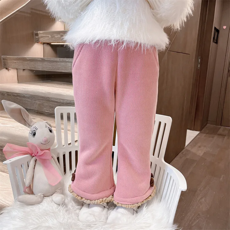 winter children girl velvet flare pants thicken spliced bow kid girl outdoor trousers casual soft cotton toddler baby girl pants