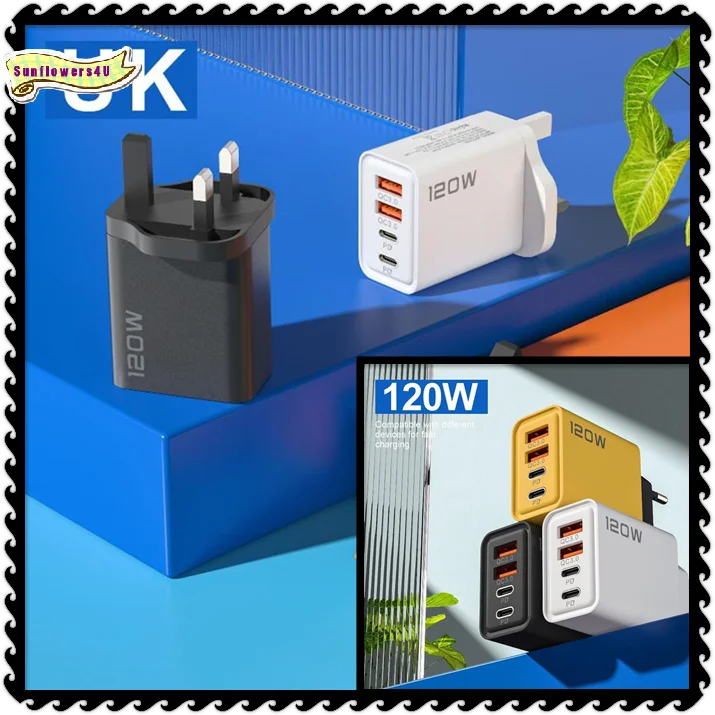 USB C 4 Port 120W Fast Charger Station Wall Adapter PD QC30 Compatible with Multiple Phones Tablets Home Desk