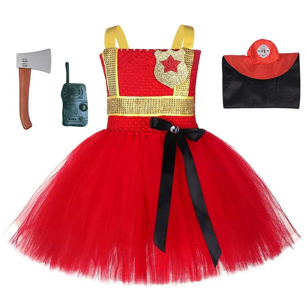 Girls Firefighter Fireman Tutu Dress Gold Red Kids Halloween Cosplay Costume Children Carnival Party Clothes Girls Fancy Dresses