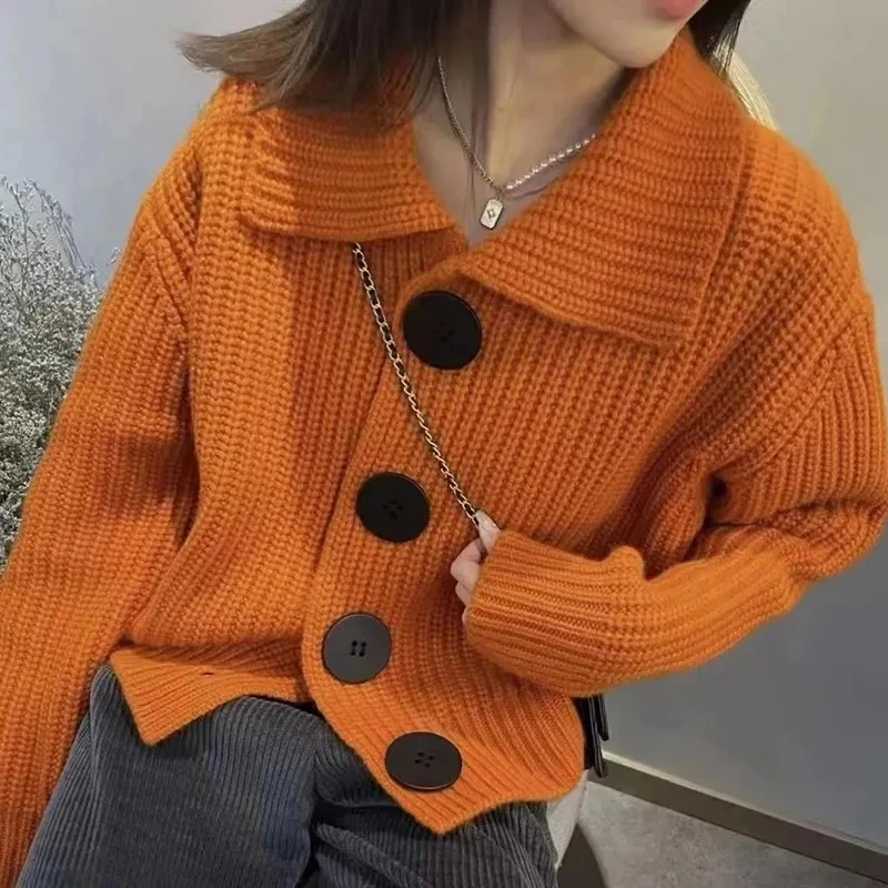 Solid Color Thick Needle Button Sweater Cardigan Lapel Long Sleeve Big Button Sweater Coat Simple Fashion Shawl Worn Outside Top