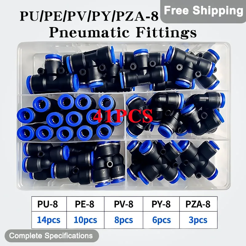 

41PCS PG Pneumatic Fittings Plastic Connector PU-8/PE-8/PZA-8/PY-8/PV-8/PG-8/PK-8 For Air Hose Tube Push In Straight Fittings