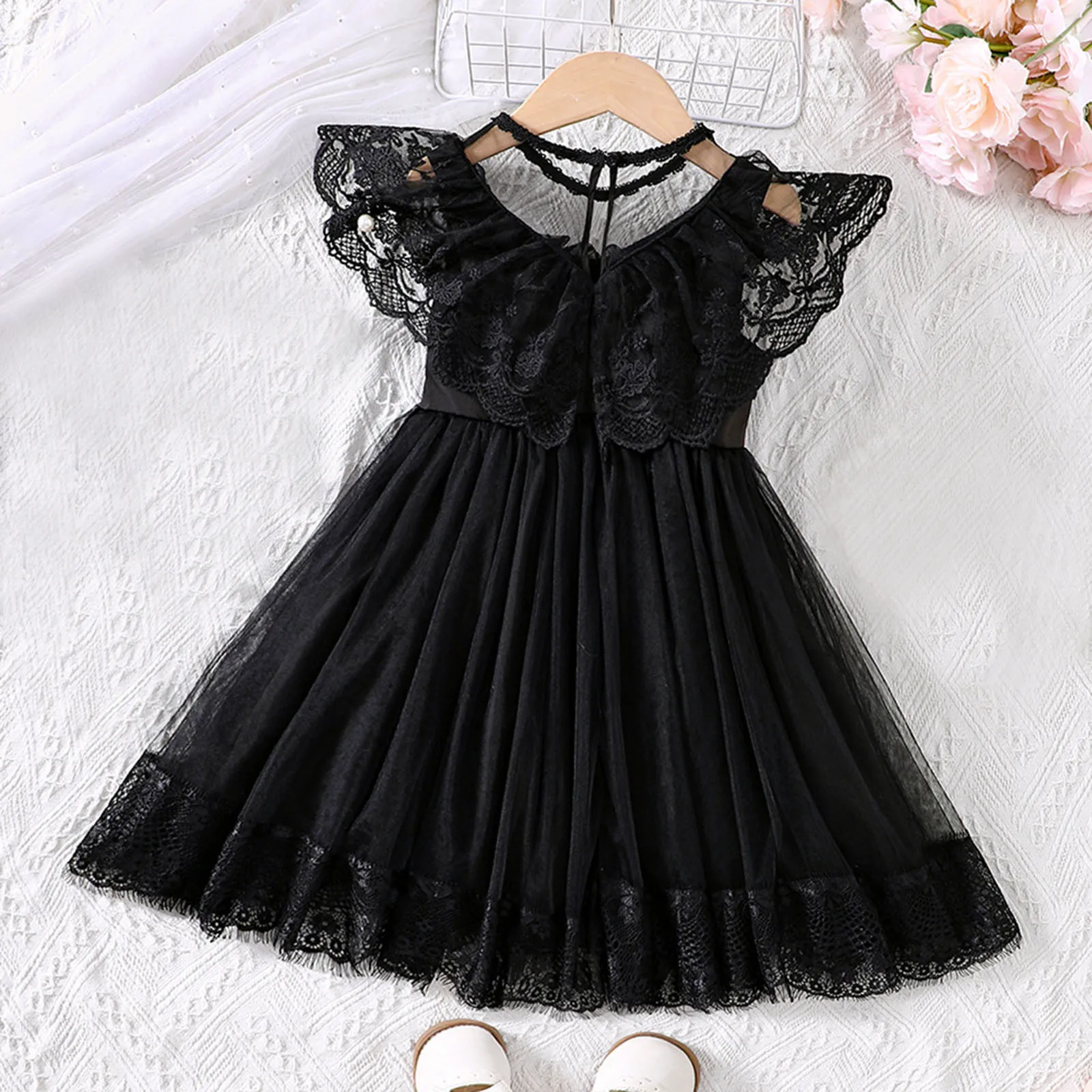 2025 Summer New Arrival Girls Lace Tulle Dress Sleeveless O Neck Lace Black Designer Cute Party Princess Dresses Custume 2-6T