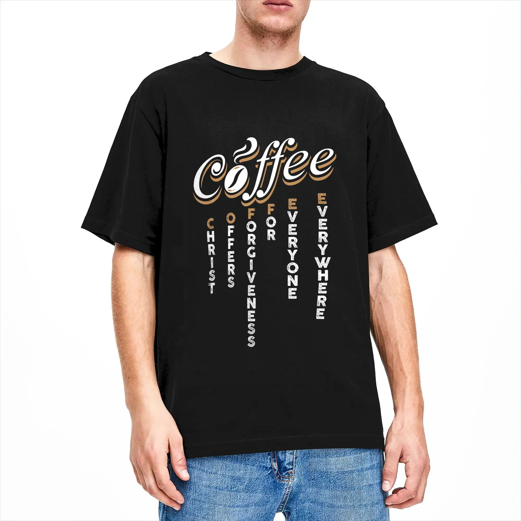 Christ Offers Forgiveness for Everyone Everywhere Coffee Pun T-Shirt Summer  100% Cotton T-Shirts For Male Fashion Tee Shirt