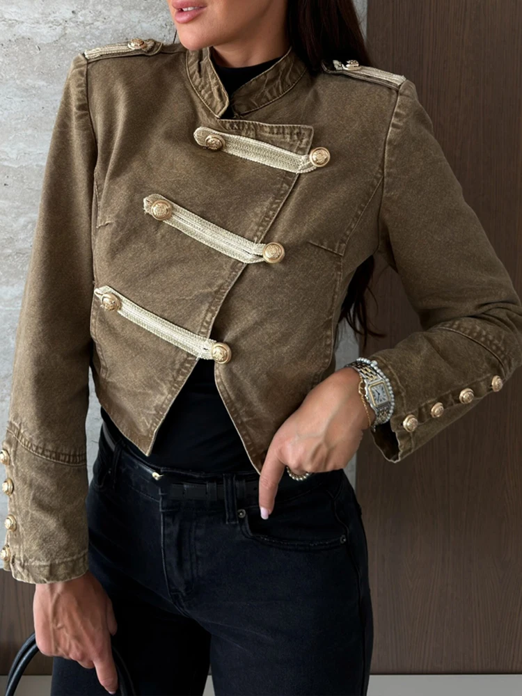 Casual Long Sleeve Women Outerwears Fashion Stand Collar Solid Slim Short Jacket Elegant Double-breasted Metal Decoration Coats