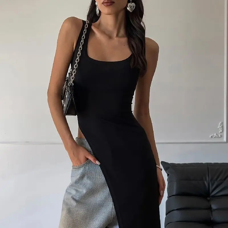Black Sleeveless Slim-fitting Suspender Skirt Slim-fitting Waist Open Fork Fashionable and Super Versatile