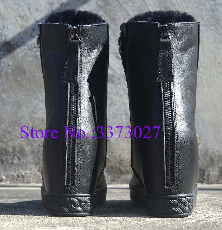 New Black Leather Fur inside Warm Ankle Boots Lady Fashion 8cm Increasing Heel Winter Snow Boots Sexy Female Wedge Shoes