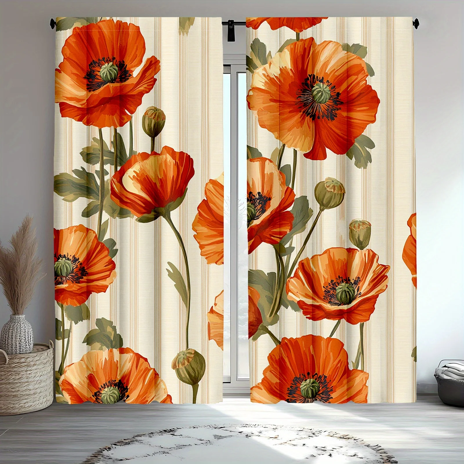 Warm Floral Poppy Blackout Rod Pocket Curtain Vertical Line Orange Bloom Decor Cottage Homestay Leisure Rest Bay Window