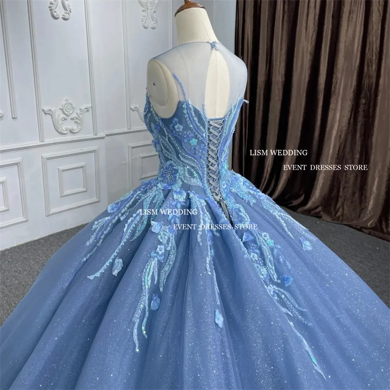 LISM-vestido de lantejoulas Quinceanera, lindo aplique de renda, vestido de baile com espartilho com gola o pescoço, personalizado, 15, 2020