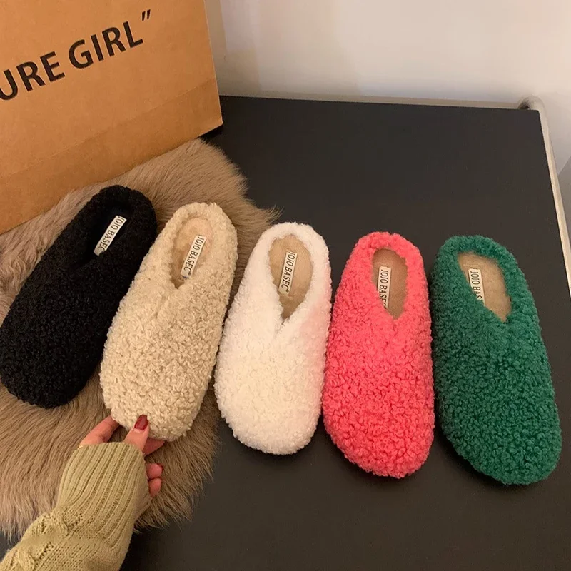 Winter Warm Bont Vrouwen Muilezels Slippers Casual Cover Teen Dames Comfort Zachte Zool Flats Huis Katoenen Schoenen