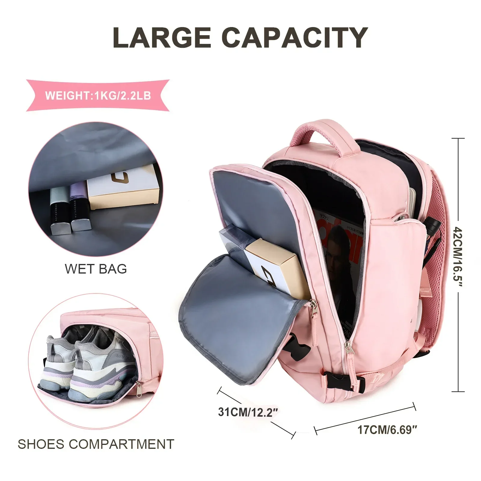 Pink Travel Backpack Women Airplane Large Capacity Multi-Function Luggage Lightweight Waterproof USB Charging Bag Sports Bagpack