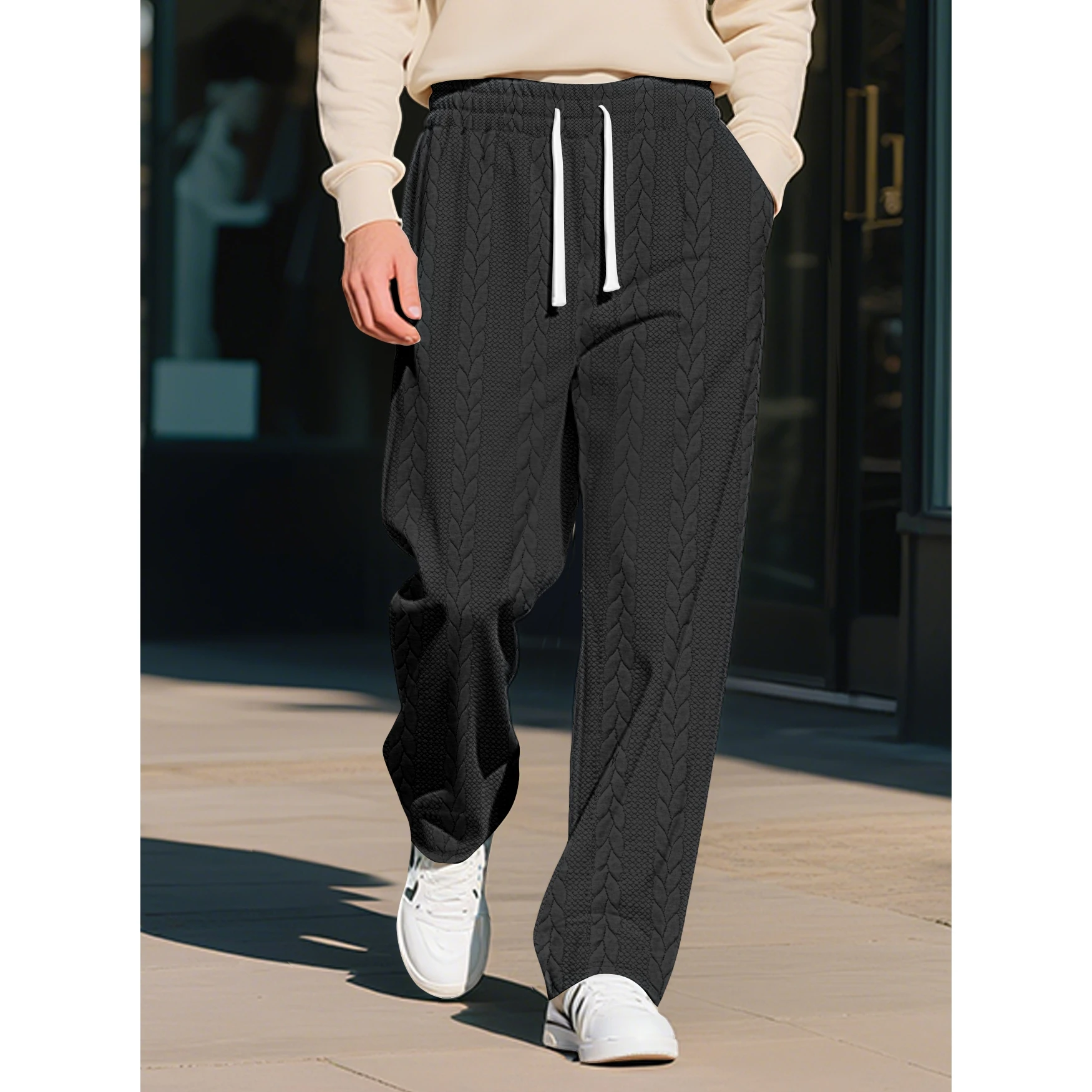 Men's Drawstring Pants with Pockets Stylish Jacquard Design Casual Mid Rise Straight Leg Trousers