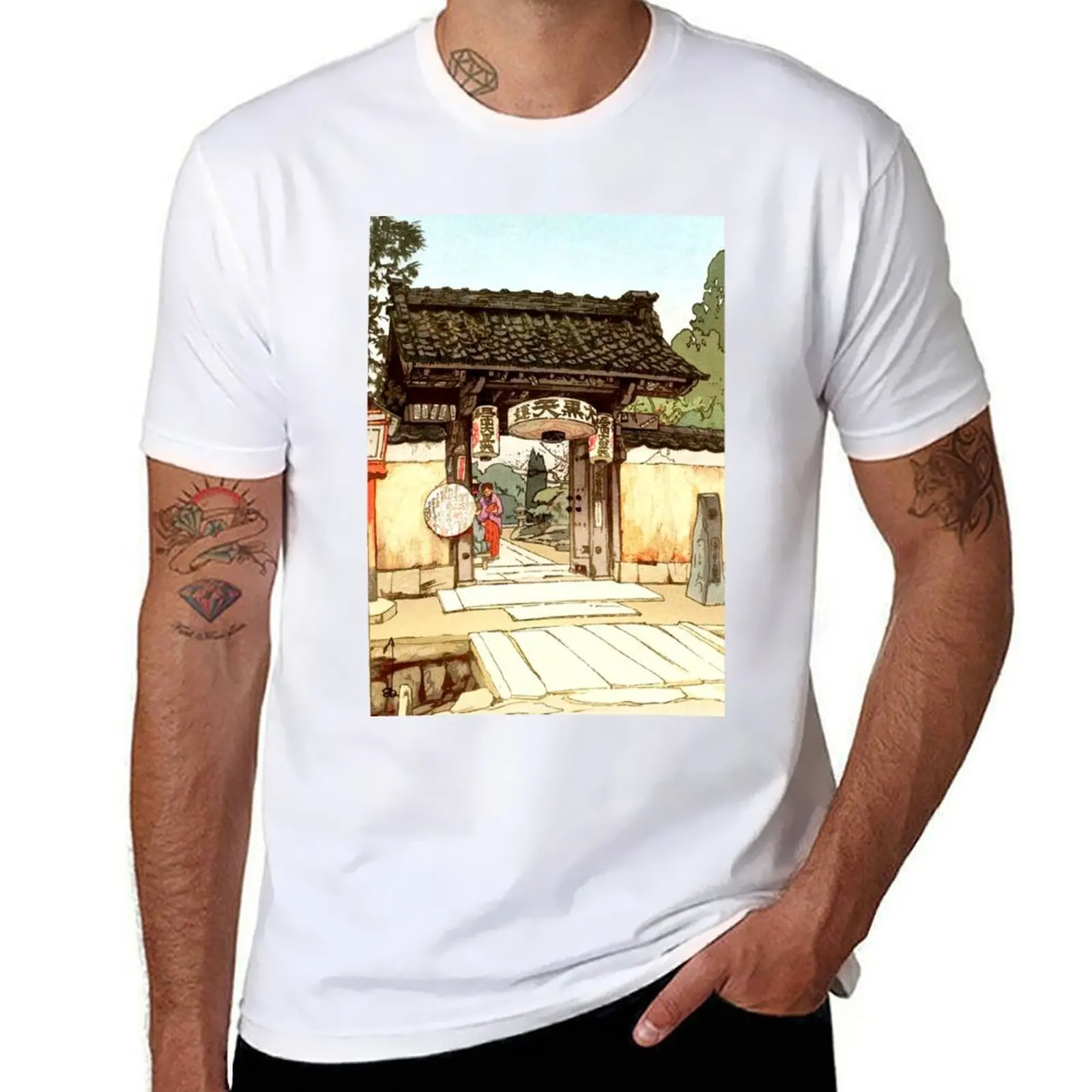 

Little Temple Gate Hiroshi Yoshida shin hanga T-Shirt t shirt for man 100 percent cotton t shirt man casual T-Shirt