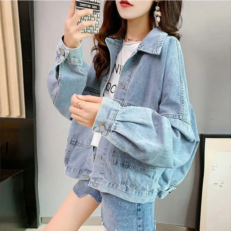 Jaket Denim hitam longgar kasual 2024 jaket Jeans kebesaran pacar wanita jaket jins bordir huruf pakaian jalan pakaian luar wanita