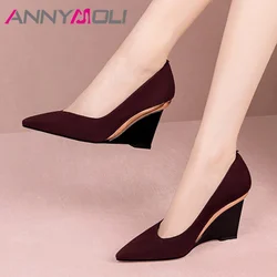 ANNYMOLI Women Gneuine Leather Pumps Fashion Wedge Heels Pointed Toe High Heels Spring Autumn Shoes Black Wine Red 34-39