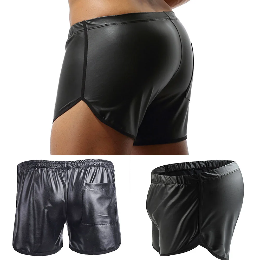 Men\'s Sexy Soft Leather Short Pants For Sex Latex Pocket Underwear Sexy Bottom Male Patent Leather Fetish Hot Pants Sexi