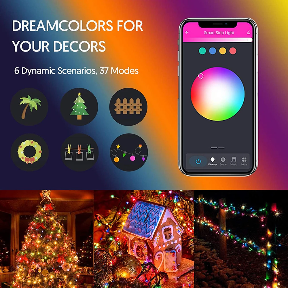 Smart Outdoor String Lights 50 LED WiFi Bluetooth DreamColor Fairy Lights Remote Work with Alexa Google Home Color Changing Dim