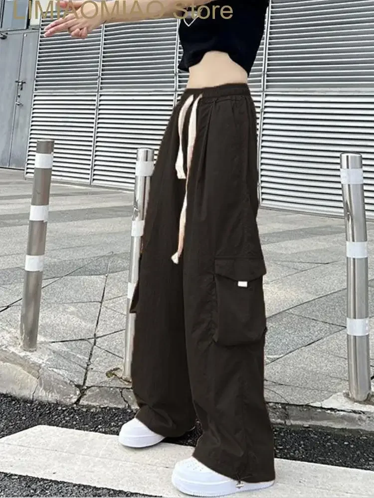 Laranja hiphop calças de carga mulheres bolsos streetwear calças vintage feminino cintura alta calças moda coreana verão