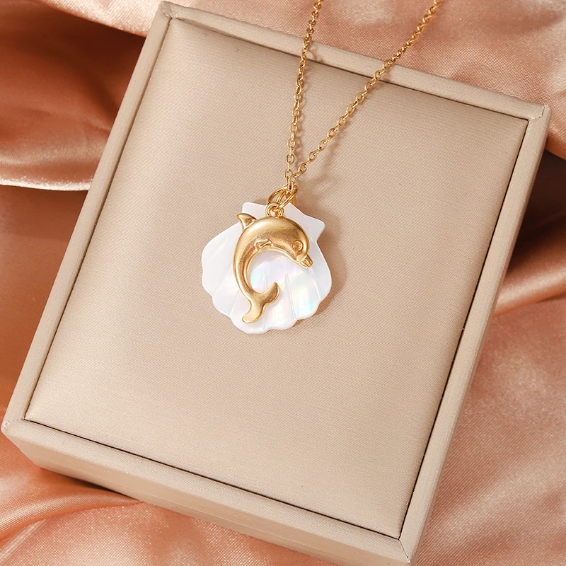 1 Romantic White Shell Metal Dolphin Double Pendant Necklace, Fashionable Beach Jewelry Accessories Souvenir