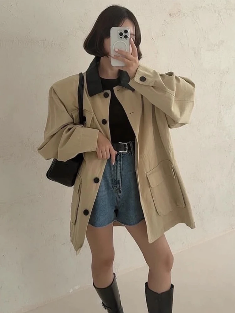 

Retro Chic Autumn New Loose Long Sve Workwear Jaet Women's Sle Collar Multi-ket Outerwear Faionable Commute Wind