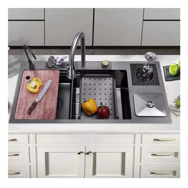 

88cm Multifunctional Nano Kitchen Sink Stainless Steel Waterfall with Bin and Cup Washer